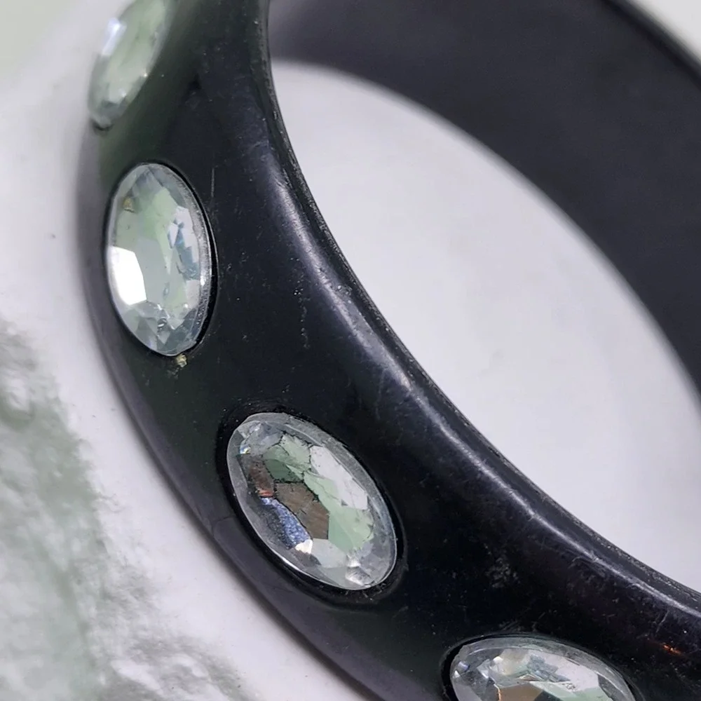 Black Plastic Bangle Bracelet Clear Oval Rhinestones Chunky Statement Y2K Retro